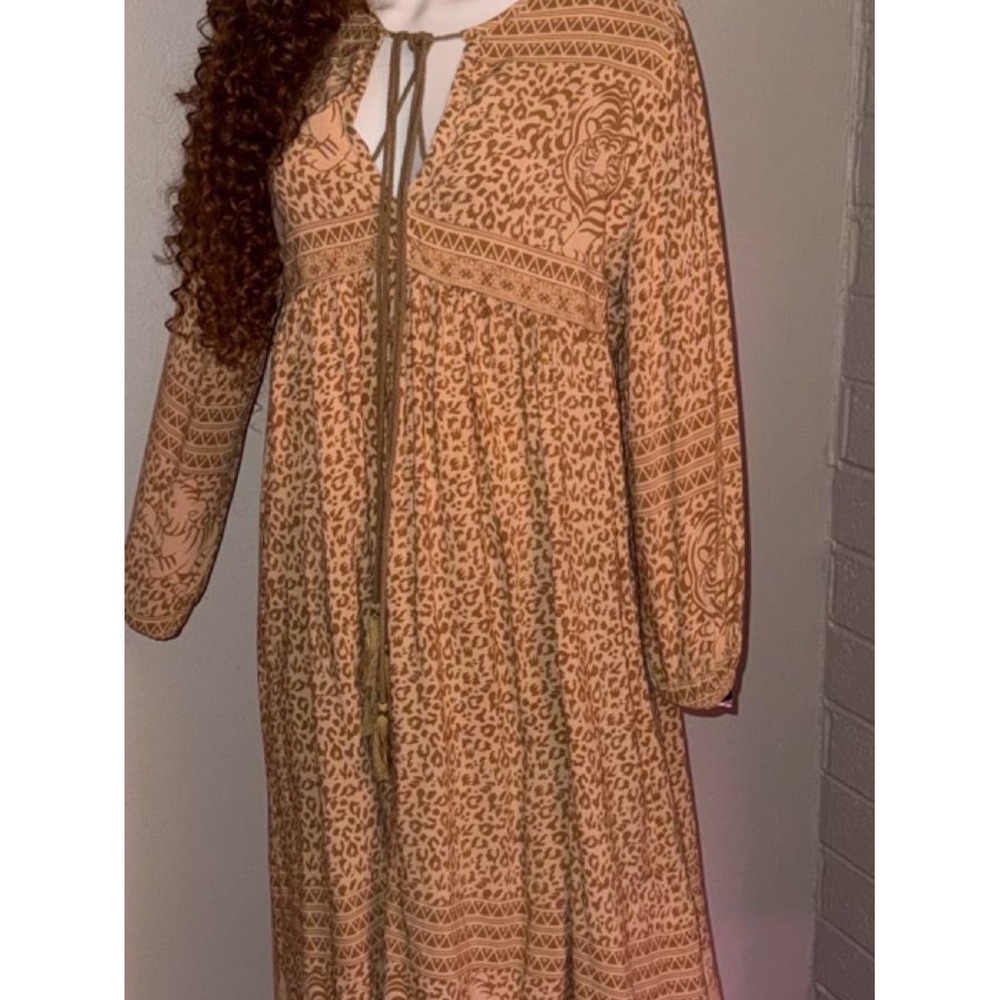 R. Vivimos Leopard Print Boho Midi Dress Tan Tiger Border Tie Front Large
